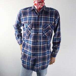 Vintage 80&#39;s Van Heusen Winterweights Plaid Flannel Shirt Cotton Poly Blend Button Down USA Made Blue Shirt