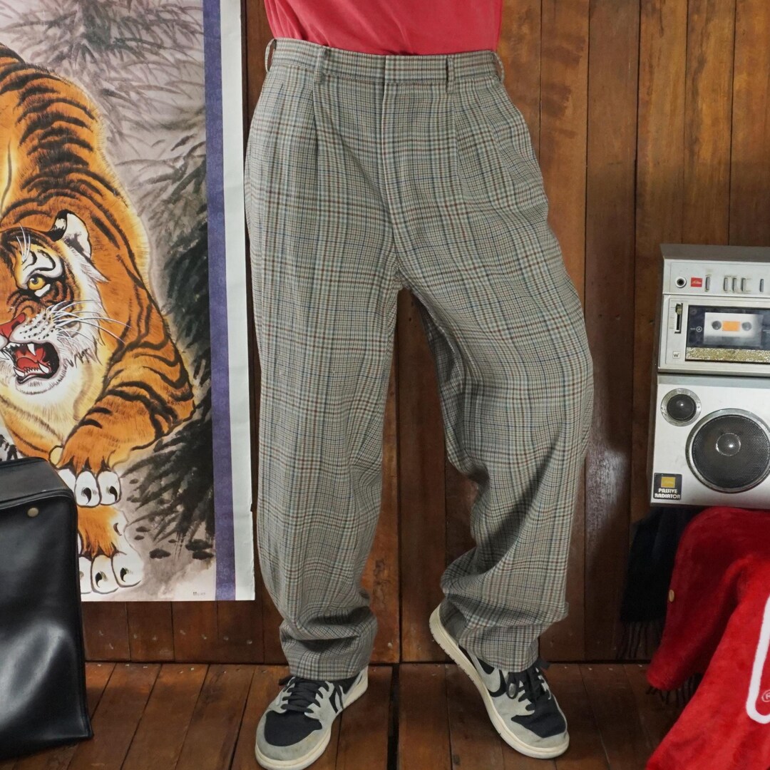 パンツ 80s vintage JAPAN wool poly Slacks pants Vintage 80s Japanese Tailor Made Wool Slacks Checkered Brown