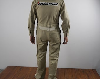 Vintage 90&#39;s Bridgestone Mechanic Long Sleeve Coveralls Beige Color Work Wear Jumpsuit