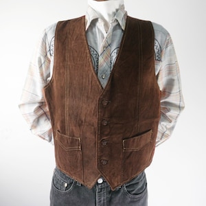 Vintage 70s 80s Suede Leather Vest Mens L Western Cowboy Vest Biker Made in USA Brown Genuine Leather Waistcoat Rodeo Festival Style