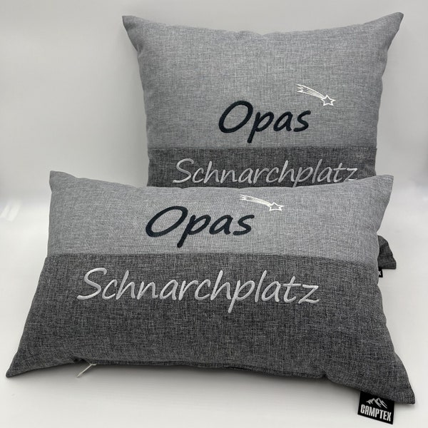 Kissen für Opa Geschenk Opas Schnarchplatz personalisierbar hochwertige Stickerei mehrfarbig indoor outdoor wasserabweisend Made in Germany