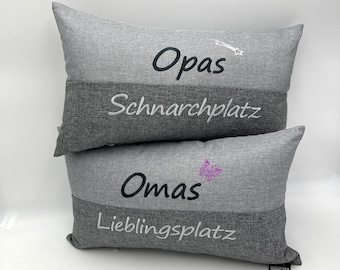 Kissen für Oma und Opa Geschenk Lieblingsplatz Schnarchplatz personalisiert hochwertige Stickerei  outdoor wasserabweisend Made in Germany
