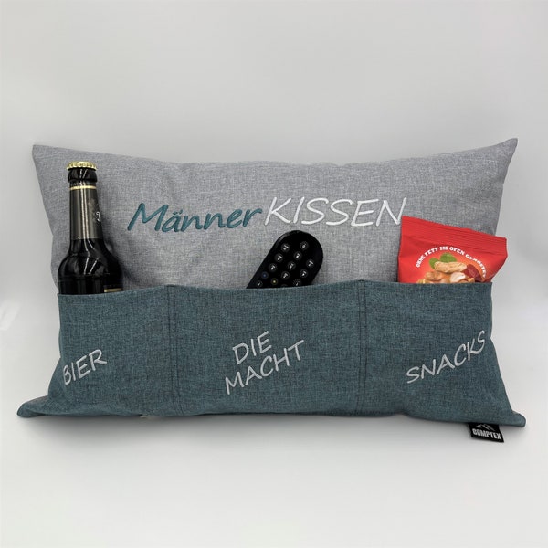 Kissen mit Taschen für Männer hochwertige Stickerei Männerkissen Deko Geschenk Outdoor Wohnmobil Terrasse wasserabweisend Made in Germany