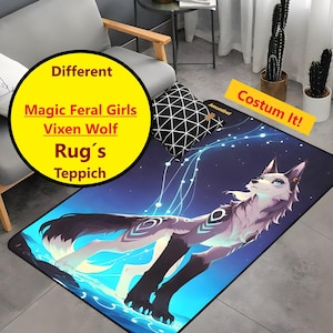 Könnte beinhalten: Rechteckiger Teppich mit einem stilisierten Wolfsdesign in Lila, Blau und Weiß auf dunklem blauem Hintergrund. Der Teppich trägt den Text "Magic Feral Girls Vixen Wolf Rug's Teppich" in einem gelben Kreis.