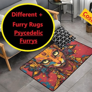 Puede incluir: Una alfombra rectangular con un diseño de gato psicodélico vibrante en tonos naranja, amarillo, azul y rojo. La alfombra tiene un borde negro y está colocada sobre un suelo embaldosado. El texto en la alfombra dice "Different + Furry Rugs Psychedelic Furrys".
