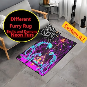 Könnte beinhalten: Rechteckiger Teppich mit einem neonlila und schwarzen Design mit Skelettfiguren und geometrischen Formen. Der Teppich hat ein lebendiges Farbschema mit blauen und rosa Akzenten. Der Text auf dem Teppich lautet "Different Furry Rug Skulls and Demons Neon Furs".