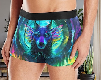 Unisex All Over Print Boxershorts voor Heren Psy Psycedelic Wolf Furry Goa kleurrijk Fursona Turquoise Canine