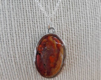 Colgante de goteo de cera en bisel de plata, hecho a mano, joyería, accesorios, resina, rojo, naranja, amarillo, oro, ovalado