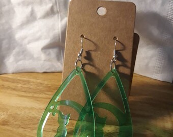 Pendientes Green Cat And Moon Drop, Hechos a mano, Joyas, Accesorios, Resina, Colgantes, Otoño, Otoño, Halloween, Bruja, Espeluznante, Aterrador