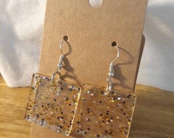 Oro plateado y negro purpurina Pendientes de gota cuadrada, hechos a mano, joyas, accesorios, resina, colgantes
