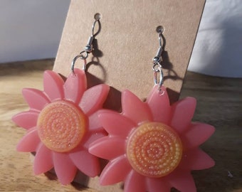 Pendientes Magenta Sunflower Drop, Hechos a mano, Joyas, Accesorios, Resina, Colgantes, Verano, Otoño, Primavera, Rosa, Femenino, Flor, Floral