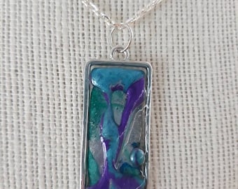 Colgante de goteo de cera en bisel de plata, hecho a mano, joyería, accesorios, resina, verde azulado, azul, púrpura, plata, rectángulo