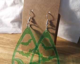 Pendientes Green Bat Drop, Hechos a mano, Joyas, Accesorios, Resina, Colgantes, Otoño, Otoño, Halloween, Espeluznante, Aterrador