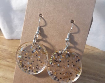 Oro plateado y negro Glitter Circle Drop Aretes, hechos a mano, joyas, accesorios, resina, colgantes