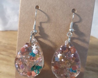 Estrellas Y Corazones Glitter Teardrop Aretes, Hechos a mano, Rosa, Azul, Joyas, Accesorios, Resina, Cuelga