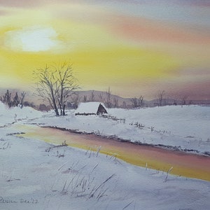 Acuarela original 15x11 pulgadas. Atardecer en el río Nevado
