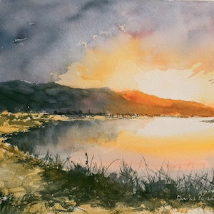 Original Watercolour 15x11 inches. Sunrise over Lake  (unframed)