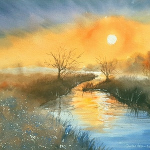 Acuarela original de 38 x 28 cm. Atardecer sobre un prado con un arroyo. Sin marco.