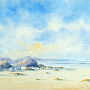 Playa bajo el sol de verano. Acuarela original de 15 x 11 pulgadas (sin marco)