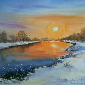 Icy pond at Sunset. Original Watercolour 15x11 inches