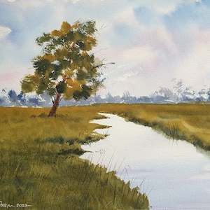 Acuarela original 15x11 pulgadas. Árbol y arroyo (sin marco)