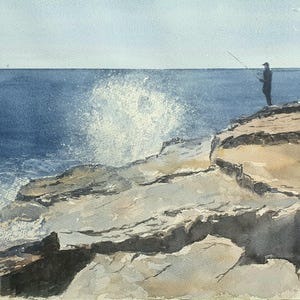 メイン州沿岸の釣りに出かけた。オリジナル水彩画、15×11インチ。（額なし）