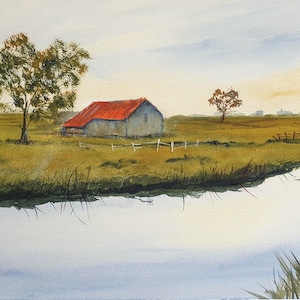 Original Aquarellbild 40x30 cm. Scheune mit Strom (ungerahmt)