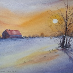 Puesta de sol de invierno sobre la granja. Acuarela original 15x11 pulgadas