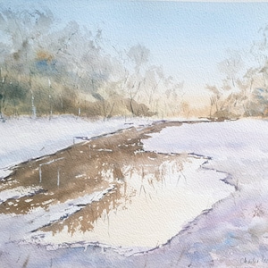 Original Aquarellbild 40x30 cm. Winterliche Waldreflexionen