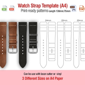 Peut inclure: Image de modèles de bracelets de montre en cuir marron et noir, et dessins au trait. Le texte indique "Watch Strap Template (A4)" et "Print-ready patterns Length 138mm/75mm". Les modèles mesurent 20 mm, 22 mm et 24 mm de large.