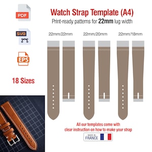 Pode incluir: Modelo de bracelete de relógio com padrões prontos para impressão para largura de encaixe de 22 mm. A imagem mostra vários designs de braceletes em tons de castanho, com diferentes larguras. O texto inclui "18 tamanhos" e "Fabricado na França."
