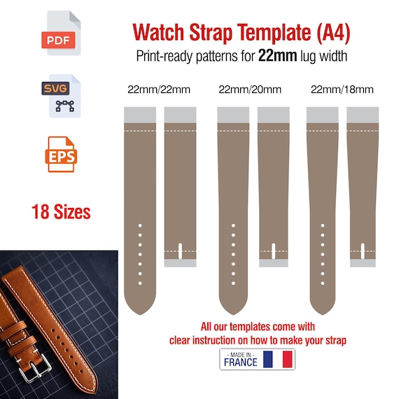 Leather Watch Strap Template PDF: DIY Band Patterns, 22mm (Digital Download A4 Size)