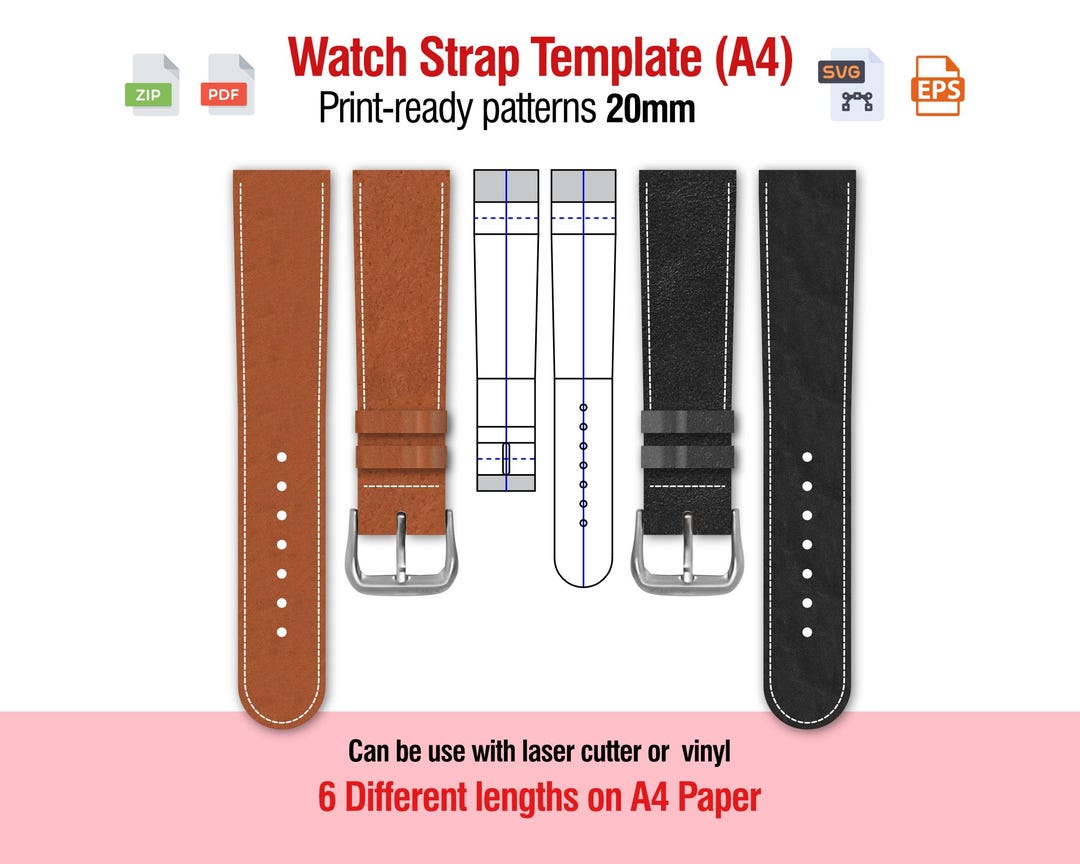 20mm Oval Tip Watch Strap Template PDF | A4 Printable Leather Band ...