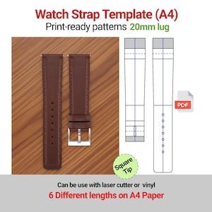Könnte beinhalten: Eine braune Leder-Armbandvorlage mit silberner Schnalle, neben einer Diagrammzeichnung des Armbanddesigns. Der Text lautet "Watch Strap Template (A4) Print-ready patterns 20mm lug". Die Vorlage ist für 6 verschiedene Längen auf A4-Papier.