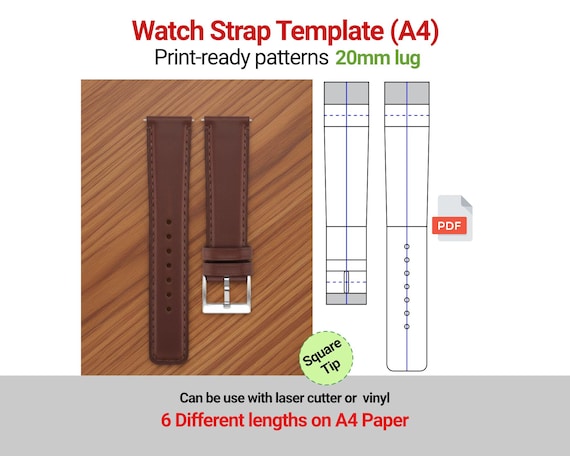 20mm Watch Band Pattern, Square Tip Leather Strap DIY (PDF Template)