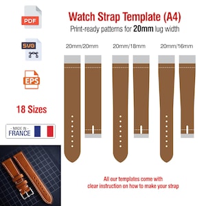 Pode incluir: Modelo de bracelete de relógio com padrões prontos para impressão para uma largura de encaixe de 20 mm. A imagem mostra designs de braceletes castanhos com várias larguras de encaixe. Inclui formatos de arquivo PDF, SVG e EPS. Fabricado na França.