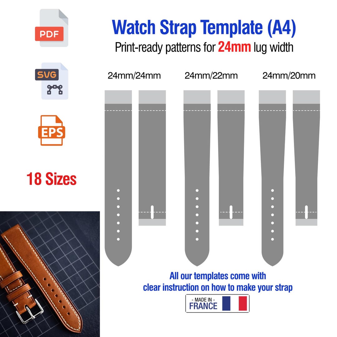 24mm Leather Watch Strap Template | Printable DIY Watch Band Patterns ...