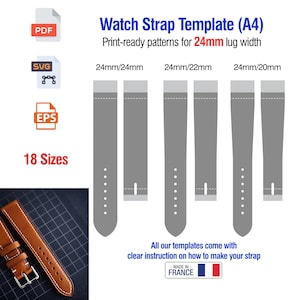 Peut inclure: Un modèle numérique de bracelet de montre avec des motifs prêts à imprimer pour une largeur d'entre-corne de 24 mm. L'image montre divers modèles de bracelets gris, dont les tailles 24 mm/24 mm, 24 mm/22 mm et 24 mm/20 mm. Le texte comprend "18 tailles" et "Fabriqué en France."