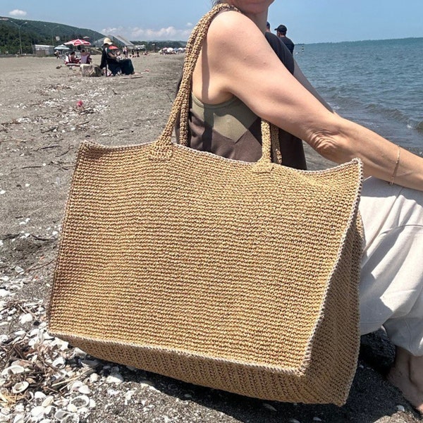 Bolso de playa grande, bolso de paja artesanal, bolso de playa de ganchillo, bolso de ganchillo, bolso de playa personalizado, bolso de rafia, regalo personalizado, bolso de paja de gran tamaño