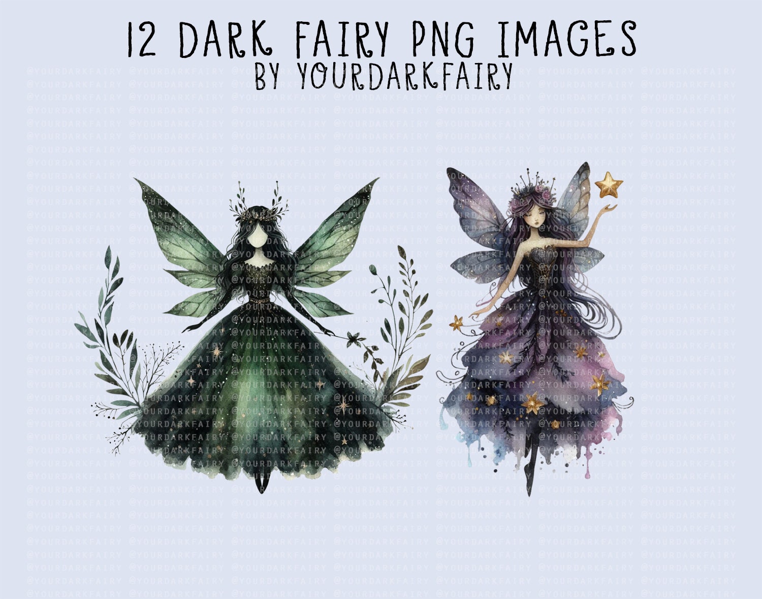 Dark Fairy Watercolor Clipart PNG Bundle - 12 Decorative Gothic ...
