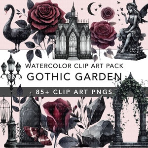 Clipart PNG de aquarela de jardim gótico - mais de 85 pacotes de imagens Gardencore, arco, estufa, estátua de fada, pedras, rosas escuras