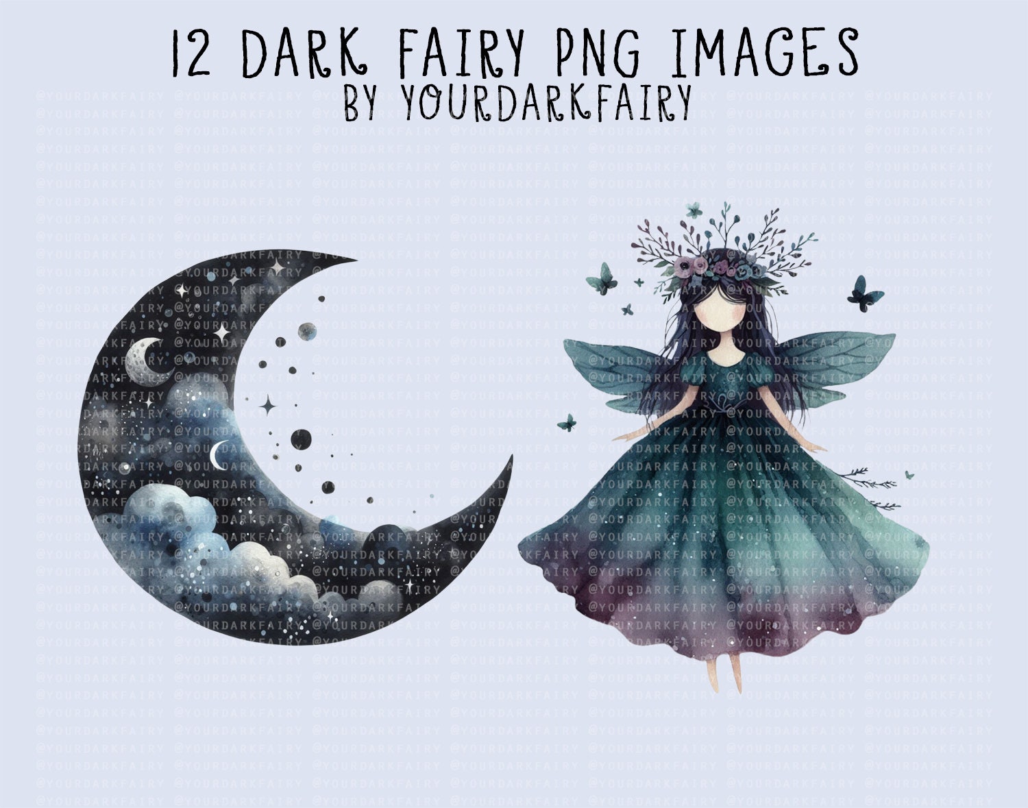 Dark Fairy Watercolor Clipart PNG Bundle - 12 Decorative Gothic ...