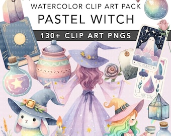 May include: A watercolor clip art pack featuring a pastel witch with a purple dress, a teapot, a book, a potion bottle, a tarot card, a lantern, a bunny, and a candle. The text "PASTEL WITCH" and "130+ CLIP ART PNGS" is included in the image.