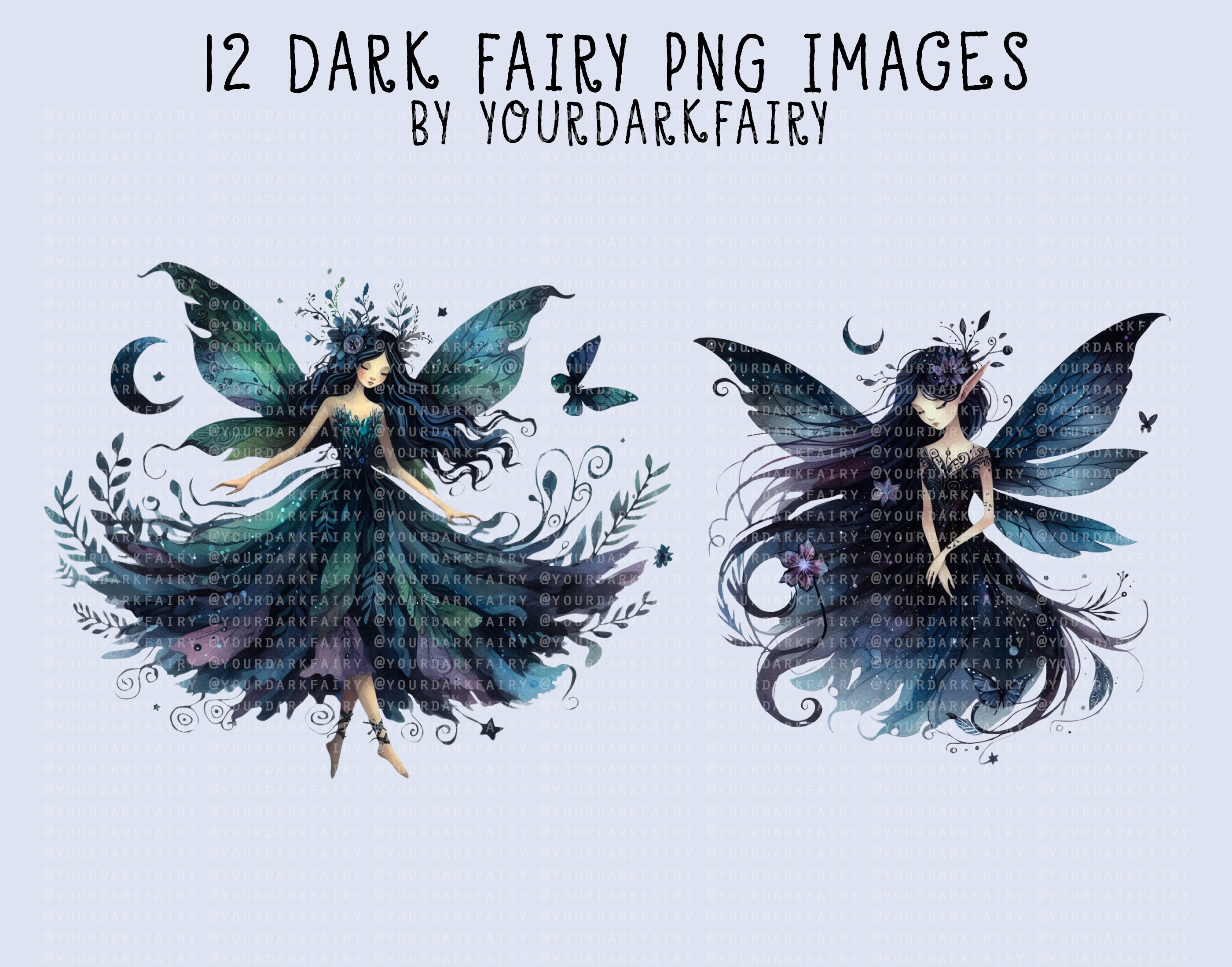 Dark Fairy Watercolor Clipart PNG Bundle - 12 Decorative Gothic ...