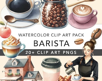 Barista Watercolor Clipart PNG Bundle - coffee shop, cafe