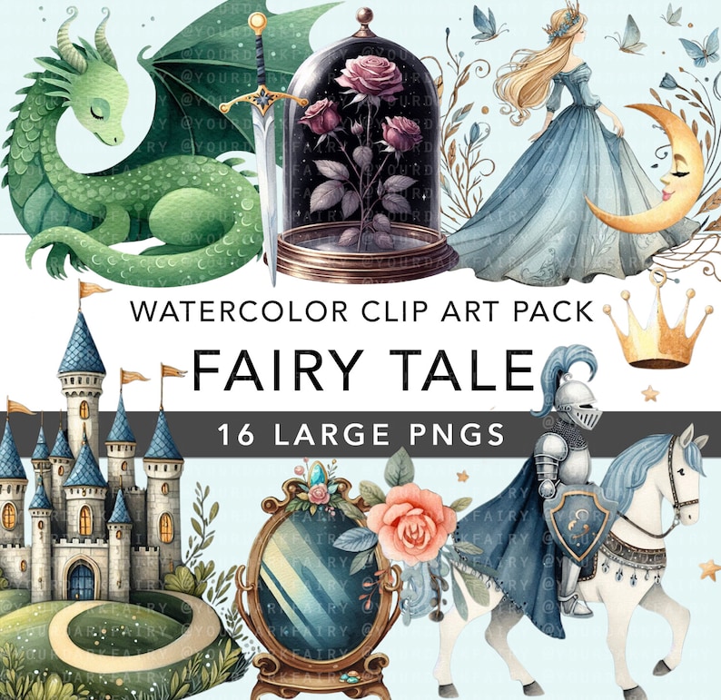 Fairy Tale Watercolor Clipart PNG Bundle - 16 Large Fairytale ...