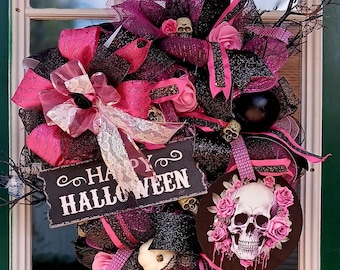 Pretty pink and black swag Halloween wreath