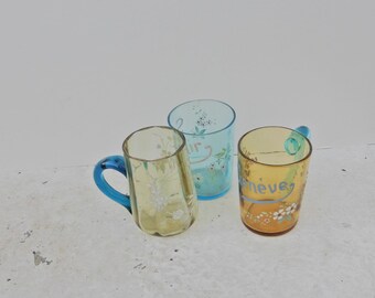 3 antique souvenir glasses, enameld, tea or water, handpainted, swiss made