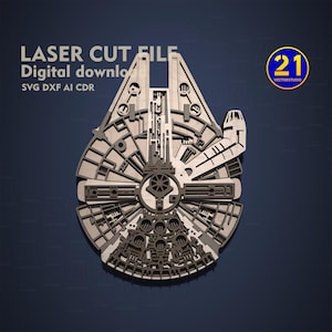 May include: Laser cut file digital download of the Millennium Falcon spaceship from Star Wars. The file is available in SVG, DXF, AI, and CDR formats.