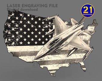 Fichier de gravure laser F-16 Fighter Jet : carte et drapeau des États-Unis (téléchargement numérique SVG, DXF)